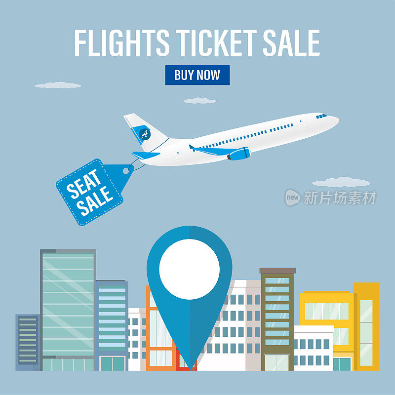Flights ticket sale, landing page. Sale of air tickets. Plane take off. Advertising banner attached to airplane. City landscape, trip destination with huge pointer. Promo tariff.